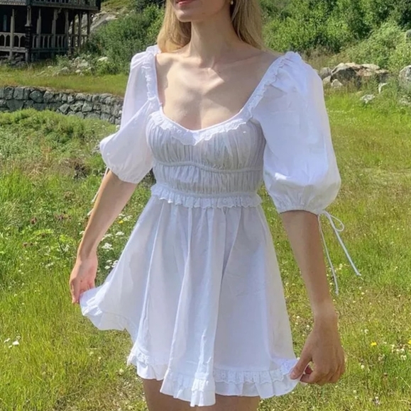 White Puff Sleeve Square Neck Dress with Lace and Ruffle Detail - Picture 15 of 16